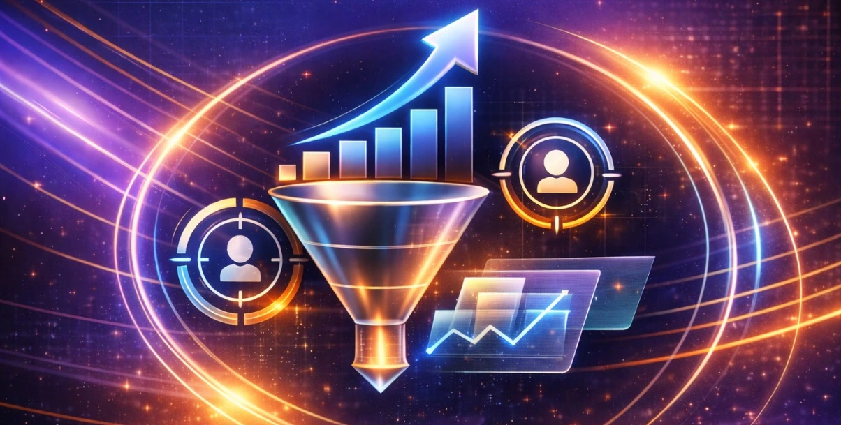 Illustration of marketing funnel with upward growth chart and target audience icons representing ATL advertising improving digital performance metrics.