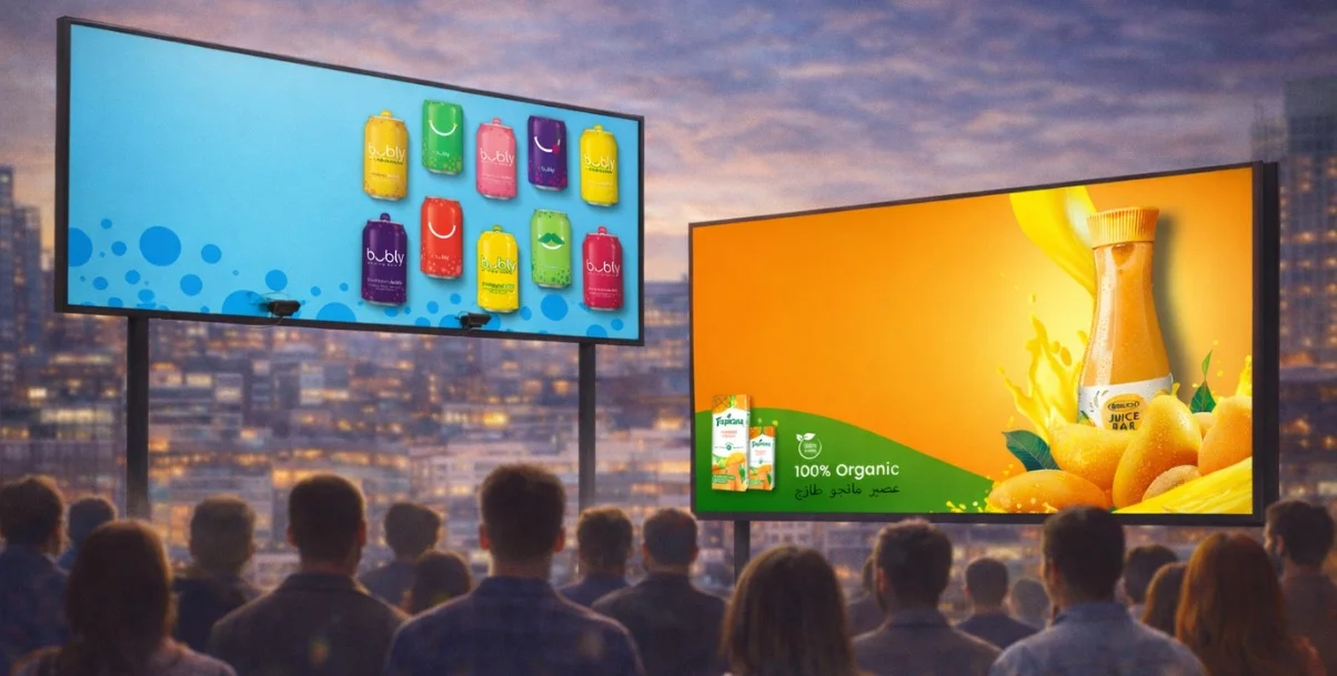 Mass Reach Advertising digital billboards displaying beverage ads to a large city audience at night.